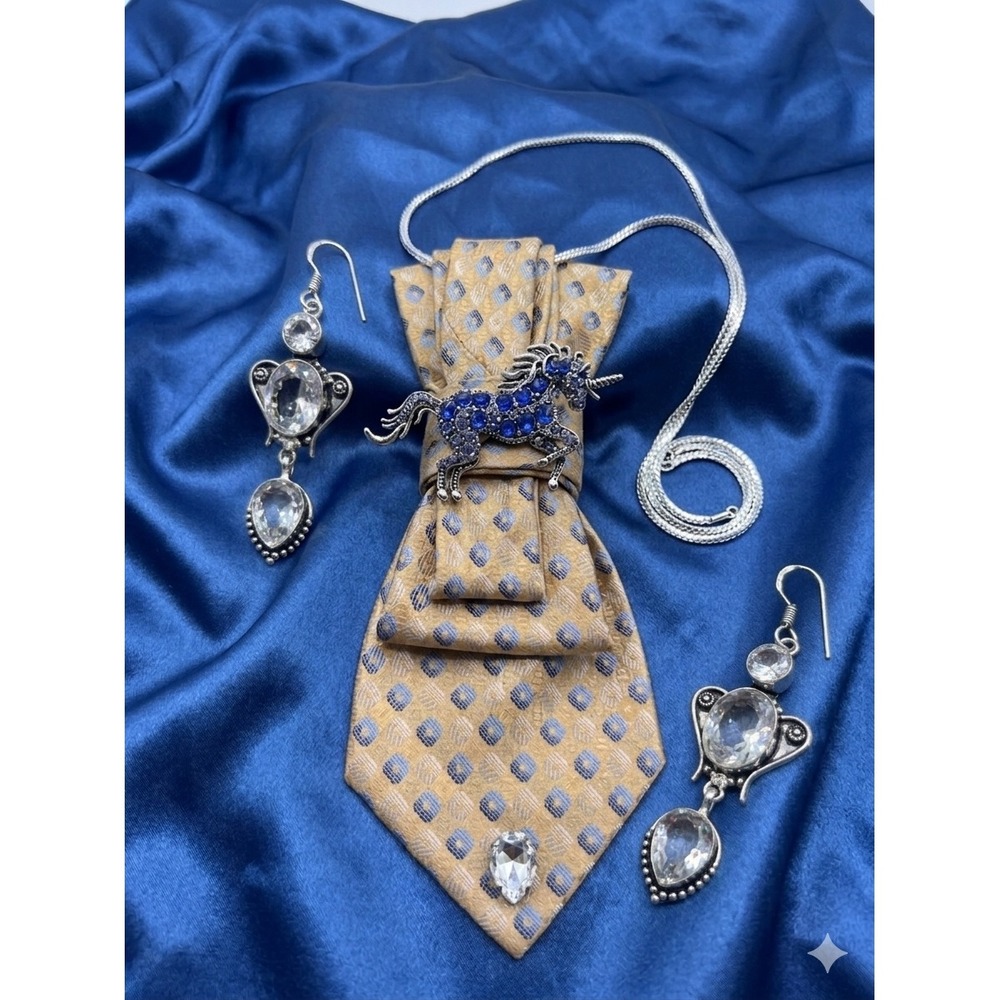 Geoffrey Beene Silk Necktie Necklace Unicorn Brooch & 925 Silver Earring Set